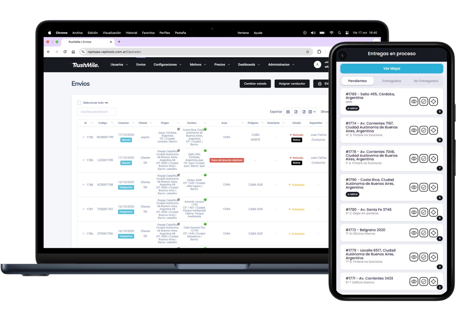 Dashboard de RushMile - Sistema de gestión logística para última milla